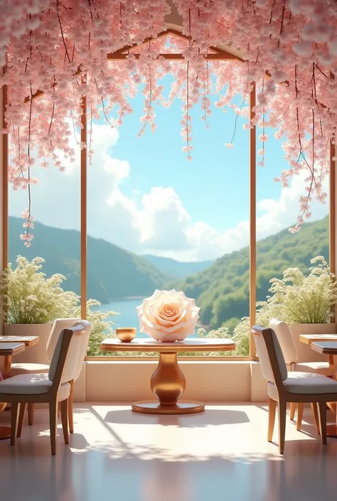 Cherry blossom themed cafe, white and gold rose, background
