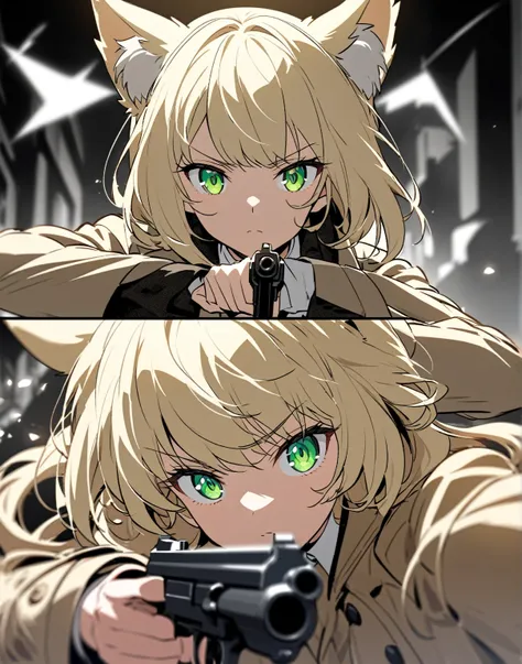 Face shot, Eyes macro, 1 anime catgirl, pale blonde cat ears, neko ears, with long pale blonde hair, wearing like sherlock holmes clothes. The character is in a standing pose and has an elegant and refined appearance. She has accent green eyes, detailed an...