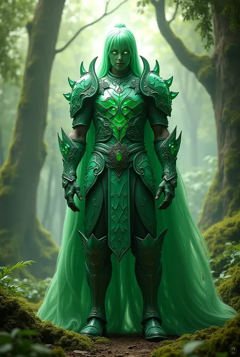 A jade warrior in a forest, him armour is like a jade gems