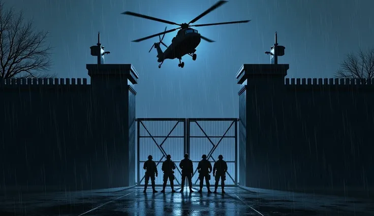 
imagine a helicopter passing over a metal wall with a metal gate at night raining with soldiers at the bottom of the wall