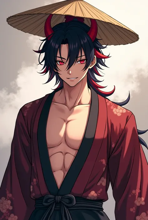 Anime man with dragon horns, black shoulder-length hair with red tips. He wears a Japanese straw hat on his head and wears a garment that is an open haori showing his muscular abdomen and chest.