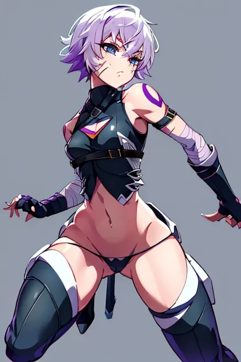 JackTheRipperFA, Lavender hair, short hair, scar, shoulder tattoo, 1girl, solo, crop top, turtleneck, clothing cutout, belt buckle, sleeveless, arm belt, lowleg panties. Bandage, navel, gloves, thigh boots 