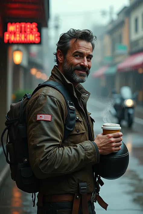 man wearing clothes for riding in the rain standing, with his helmet under his arm, arriving from the street with his motorcycle, all over wet, to park his motorcycle in the parking lot called MOTOS PARKING, smiling, drinking a cup of hot coffee.
