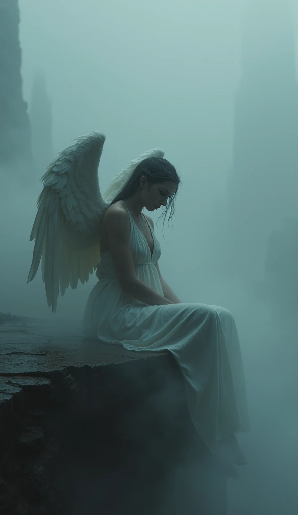 (Mysterious fog:1.6), (Thick Fog:1.4), a mystical fallen angel sitting on the edge of a cliff, surrounded by a thick, mysterious mist, her lowered wings partially obscured, yet her full, beautiful body still visible, wering light tunic, (best quality,4k,8k...