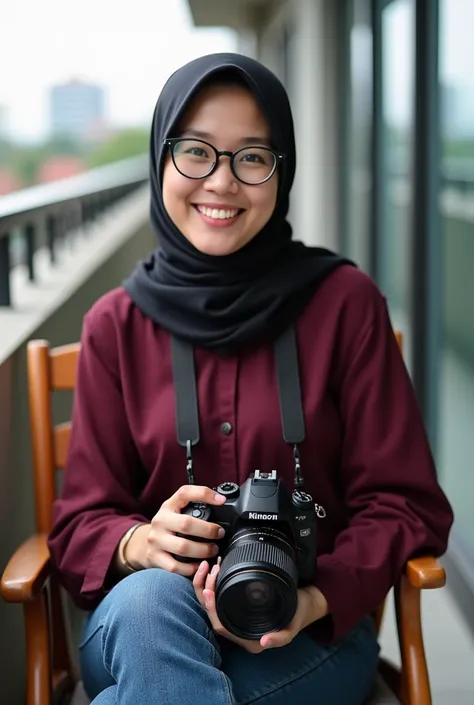 A cute malay woman hijab and glasses, with maroon blouse, sitting on a wooden chair at the balcony, holding a DSLR camera, detailed photo, high resolution photo, portrait photo