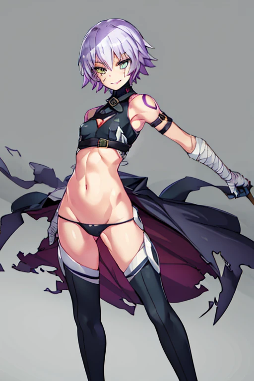 JackTheRipperFA, Lavender hair, short hair, scar, shoulder tattoo, 1girl, solo, crop top, turtleneck, clothing cutout, belt buckle, sleeveless, arm belt, lowleg panties. Bandage, navel, gloves, thigh boots, city, cape, cloak, smile 