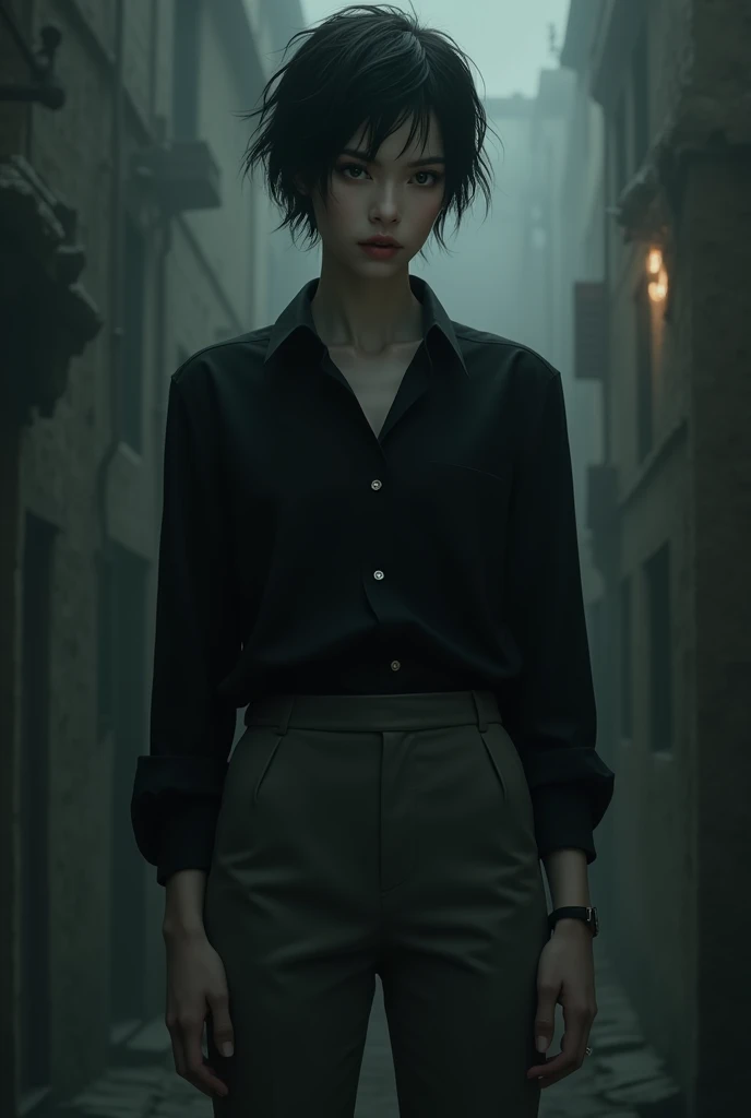 Vampire about 19 years old,with short black hair,black shirt and gray pants, pale and tall
