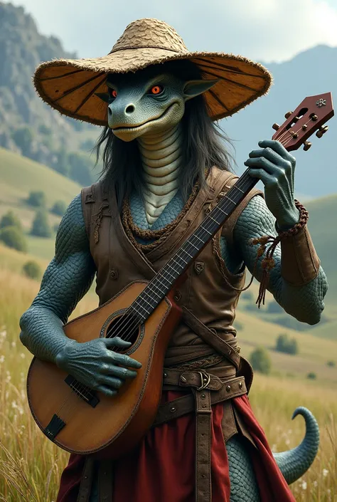  Dragonborn silver skin D&D bard with a medium worn straw hat