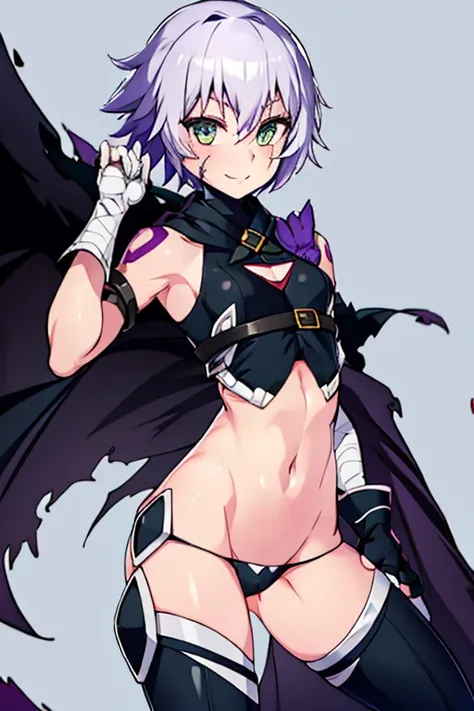 JackTheRipperFA, Lavender hair, short hair, scar, shoulder tattoo, 1girl, solo, crop top, turtleneck, clothing cutout, belt buckle, sleeveless, arm belt, lowleg panties. Bandage, navel, gloves, thigh boots, city, cape, cloak, smile 