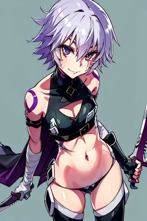 JackTheRipperFA, Lavender hair, short hair, scar, shoulder tattoo, 1girl, solo, crop top, turtleneck, clothing cutout, belt buckle, sleeveless, arm belt, lowleg panties. Bandage, navel, gloves, thigh boots, city, cape, cloak, smile 