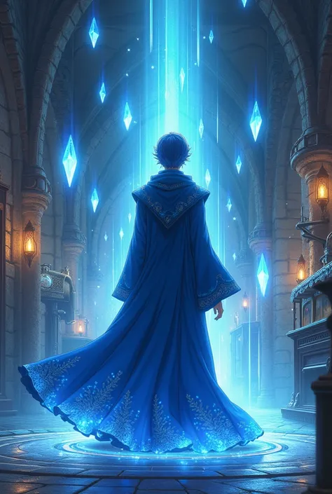 Best fantasy anime pictures、In blue robe、In the Medieval Lab、Crystals floating、