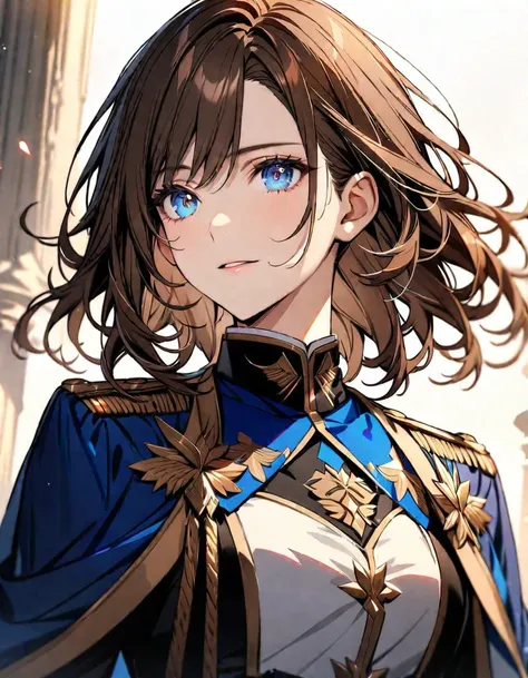 (Highest quality), (Very detailed),so beautiful, female, brown hair, detailed blue eyes, handsome, noble uniform, noble clothes, beautiful detailed eyes