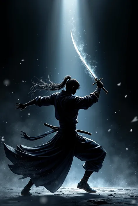 ((Best Quality)), ((masterpiece)), ((detailed)), ((High Definition)),  The black silhouette of a swordsman in anime style, dynamic movements,  fighting stance, running forward, with the ray of light on his back, He performs a sword technique, cutting the a...