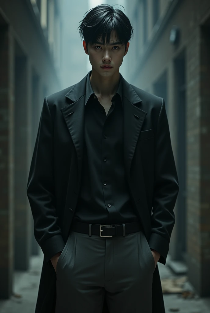 Young male vampire approximately,with very short black hair,black shirt and gray pants, pale and tall
