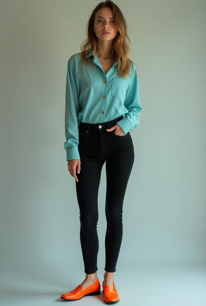 a woman wearing blue green shirt black pants and orange shoes. hair is mid size length