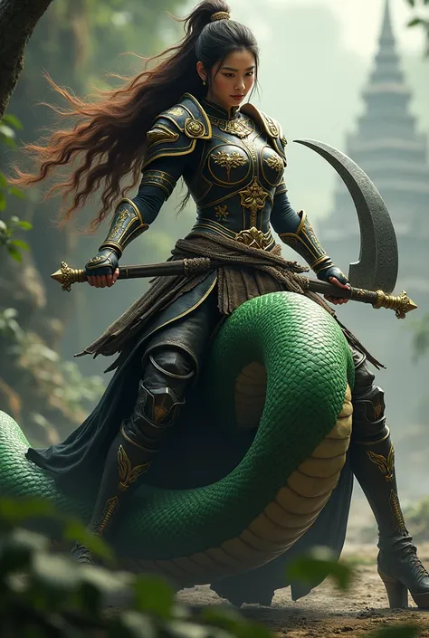 A Thai female warrior with long brown hair, wearing black and gold armor, holding a large sickle as a weapon, riding a large green snake.