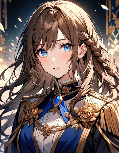 (Highest quality), (Very detailed),so beautiful, female, brown hair, detailed blue eyes, handsome, noble uniform, beautiful detailed eyes, long hair, half braided hair