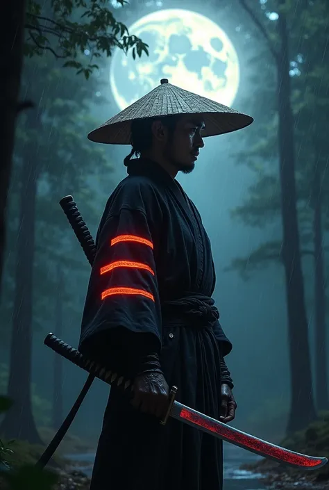 a dark and majestic samurai warrior standing in the rain, wearing a traditional Japanese bamboo hat(kasa) and a black kimono with fluorescent red stripes glistening in the moonlight, holding a sharp and unsheathed samurai sword(katana), surrounded by a den...