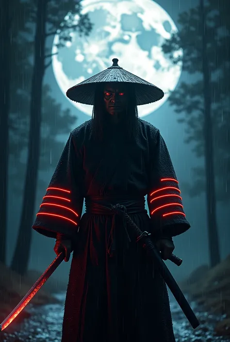 a dark and majestic samurai warrior standing in the rain, wearing a traditional Japanese bamboo hat(kasa) and a black kimono with fluorescent red stripes glistening in the moonlight, holding a sharp and unsheathed samurai sword(katana), surrounded by a den...