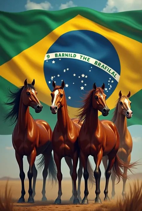 Horses with the Brazilian flag in the background, estilo country 