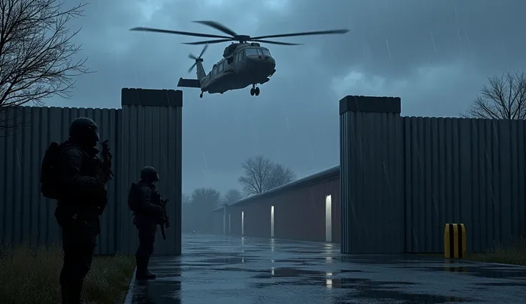 
imagine a helicopter passing over a metal wall with a metal gate at night raining with soldiers at the bottom of the wall