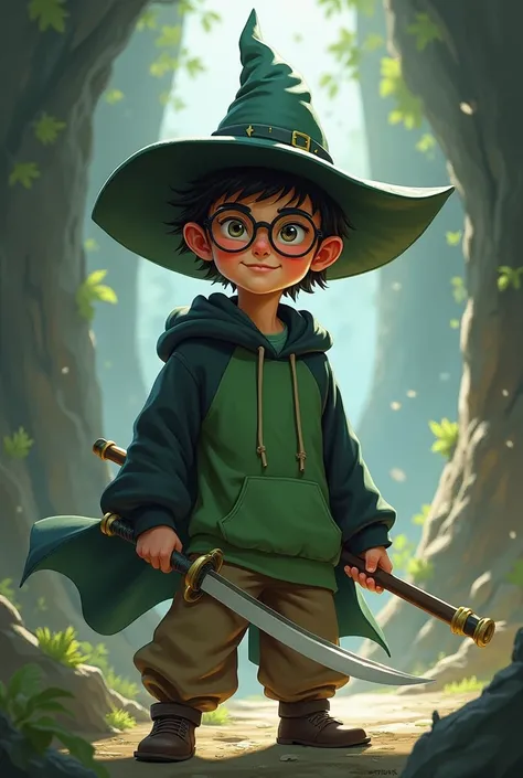 A boy with a wizard hat and round glasses and a green and black sweatshirt with a sword