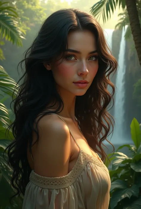 Generate an image of a woman with long, black churro hair, fair skin that is well lit,,honey colored eyes and fleshy lips and in the background having a jungle and a waterfall