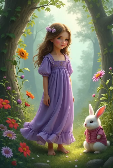 an girl( child)in a beautiful and worn purple dress, in an enchanted garden next to a bunny ( white)wearing a pink dungaree.