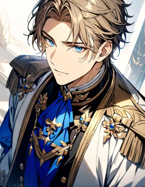 (Highest quality), (Very detailed),so beautiful, ((1 boy)), light brown hair, detailed blue eyes, handsome, noble clothes, noble uniform 