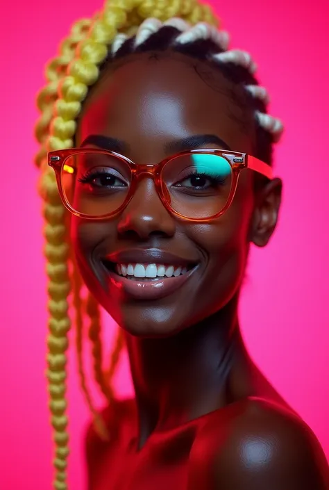 side view, look into the camera, professional photography, model pose,
flirty look, smile, portrait of a black pretty woman wearing yellow
and white braids, and neon glasses, pink background