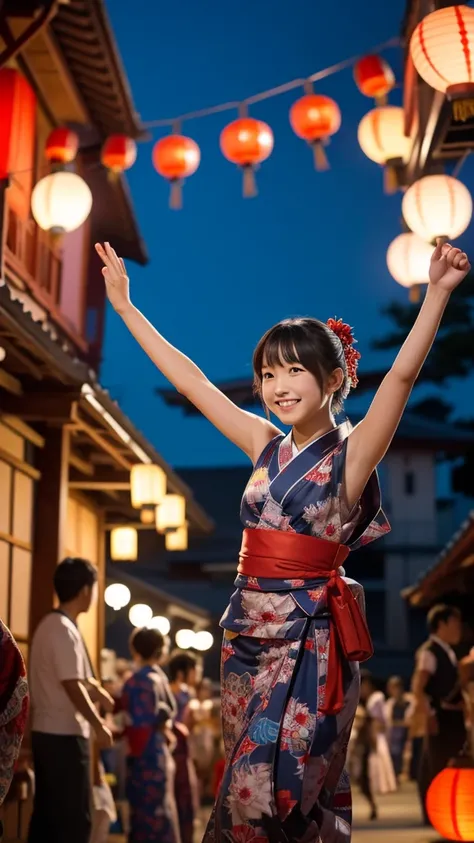 Night festival, drumming in the turret, Many red lanterns line up from the turret and shine red, a group of people wearing yukata singing Bon Odori songs, wearing a blue yukata, quiet dancing Japanese dance with their hands raised diagonally upwards, child...