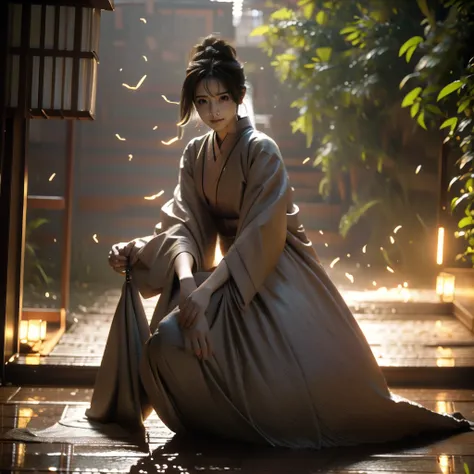 A lone samurai woman standing in a peaceful field at dusk, ready to draw her katana. She is wearing traditional samurai attire from the Sengoku period of Japan, consisting of a black and dark brown kimono-style robe with wide sleeves, tied with a dark obi ...