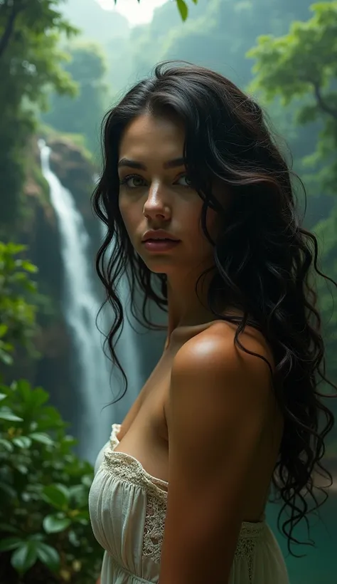 Generate an image of a woman with long, black churro hair, fair skin that is well lit,,honey colored eyes and fleshy lips and in the background having a jungle and a waterfall