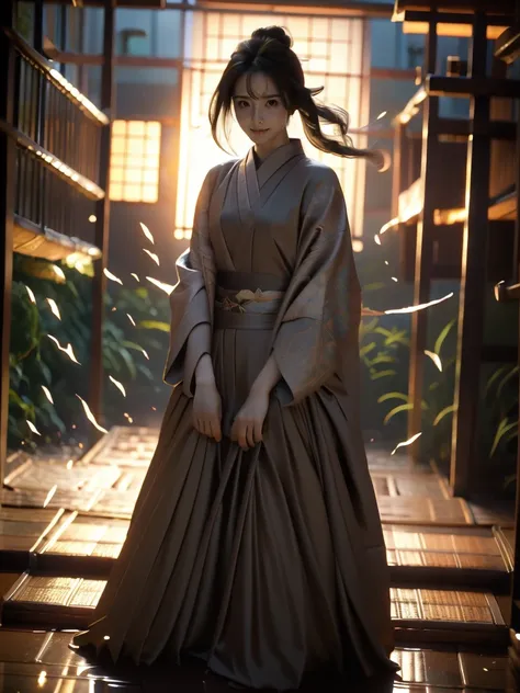 A lone samurai woman standing in a peaceful field at dusk, ready to draw her katana. She is wearing traditional samurai attire from the Sengoku period of Japan, consisting of a black and dark brown kimono-style robe with wide sleeves, tied with a dark obi ...