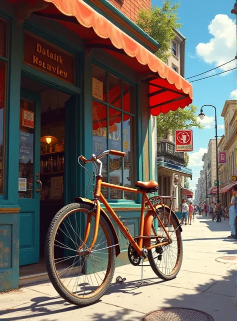 A painting of a bicycle parked in front of a store front