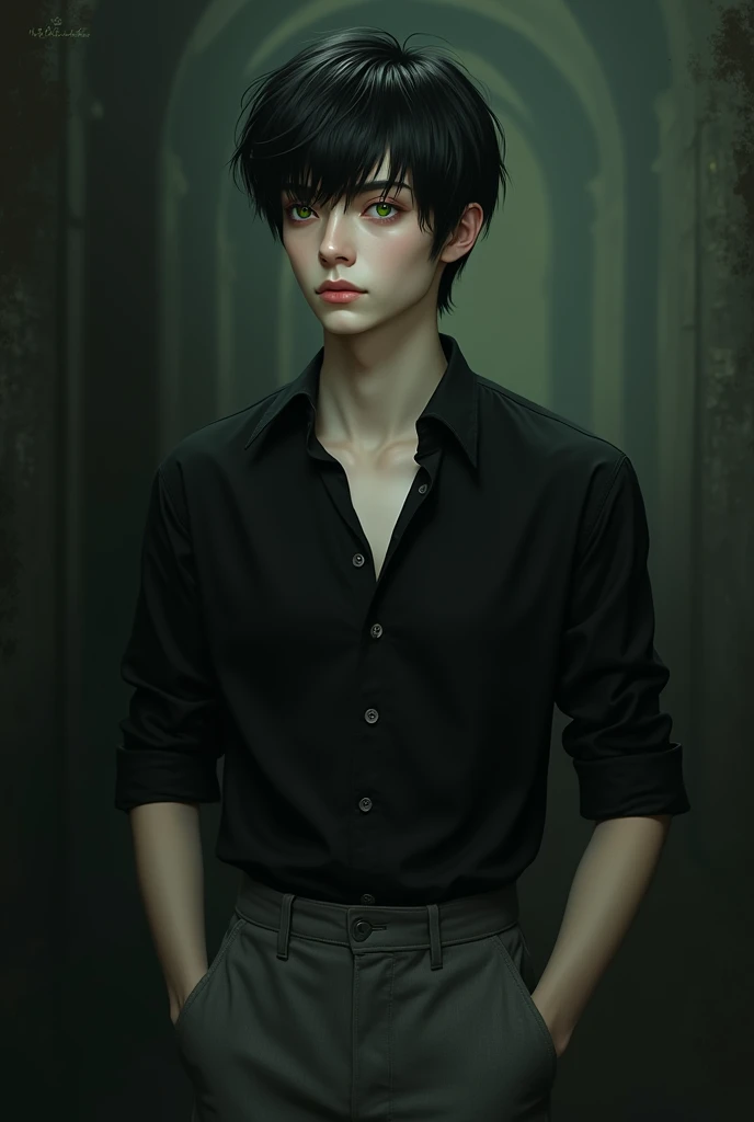 Young male vampire approximately,with very short black hair,black shirt and gray pants, pale and tall and green-eyed 