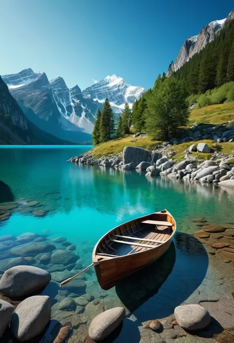 The image is a beautiful landscape of a lake with a wooden boat on the shore. The lake is surrounded by rocks and boulders, and the water is a vibrant turquoise color. In the background, there are tall mountains with snow-capped peaks and a clear blue sky....