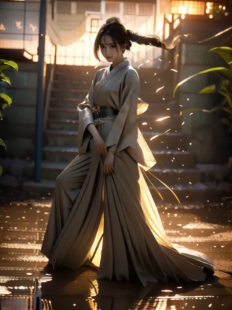 A lone samurai woman standing in a peaceful field at dusk, ready to draw her katana. She is wearing traditional samurai attire from the Sengoku period of Japan, consisting of a black and dark brown kimono-style robe with wide sleeves, tied with a dark obi ...