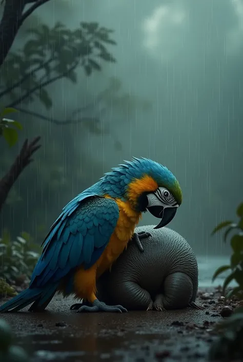 Sad Macaw and Armadillo Under the Rain 