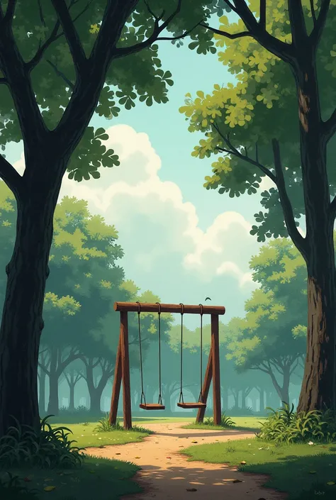 A park with a cloudy sky, with an old swing set and tall trees surrounding the playground 