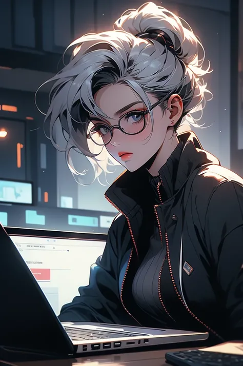 1girl, detective, cyberpunk, dim lighting, cabinet, across the table, in front of a laptop, gray hair