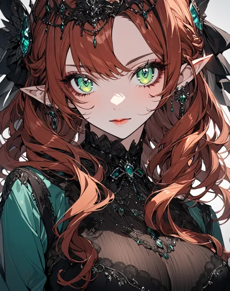 A portrait of the most beautiful auburn haired woman with shiny aquamarine-green eyes and small pointed ears wearing a luxurious gothic dress