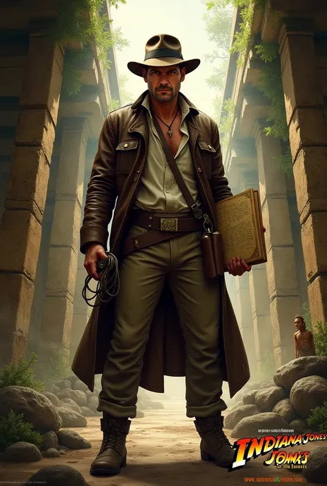 main character: indiana jones, Wearing his iconic brown leather jacket, Fedora hat and holding a whip in one hand.
Scenario: An ancient temple or archaeological ruins in the background, with an atmosphere of mystery and adventure. May include elements like...