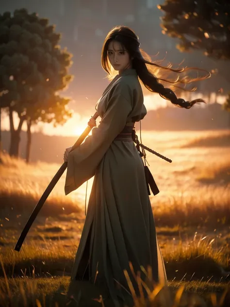 a lone samurai woman standing in a peaceful field at dusk, ready to draw her katana. she is wearing traditional samurai attire f...