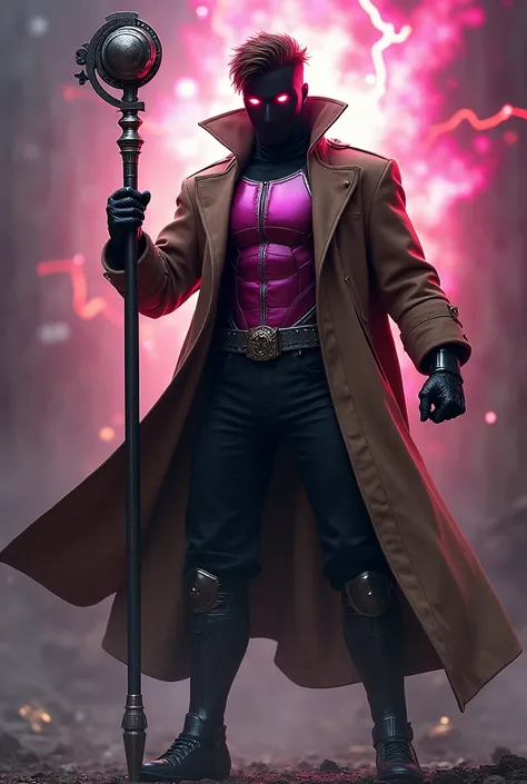 man, brown hair, magenta chestplate armor, black superhero head sock, red eyes, black pants, fingerless gloves, brown trenchcoat, metal boots, wielding a metallic long stick, energy aura