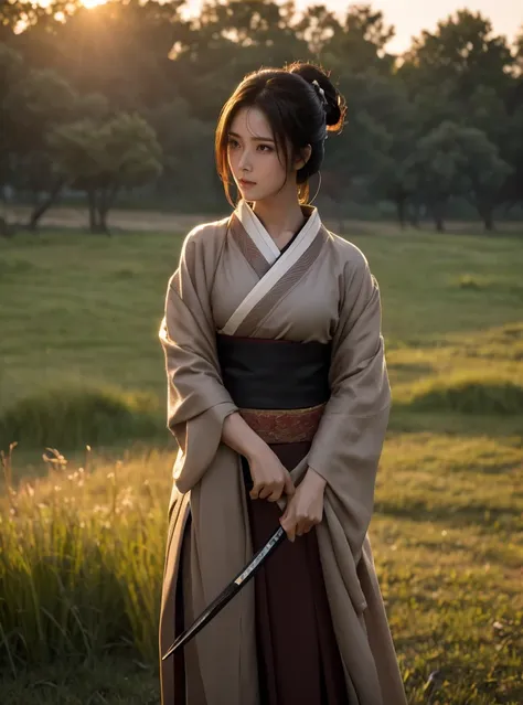 a lone samurai woman standing in a peaceful field at dusk, ready to draw her katana. she is wearing traditional samurai attire f...