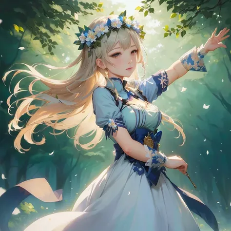 anime girl in a blue dress with a flower crown on her head, a maid in a magical forest, guweiz on pixiv artstation, guweiz on artstation pixiv, marin kitagawa fanart, guweiz, trending on artstation pixiv, cute anime waifu in a nice dress, cushart krenz key...