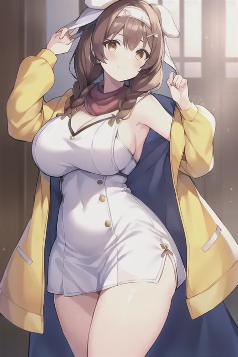 1girl, Korone, smile, dog ears, twin braids, sidelocks, hair ornament, ((white dress)), yellow jacket, dress, jacket, open clothes, open jacket, short dress, sleeveless dress, huge breasts, wide hips, thick thighs, tall, tall female, mature female, bandana...