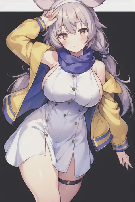 1girl, Korone, smile, dog ears, twin braids, sidelocks, hair ornament, ((white dress)), yellow jacket, dress, jacket, open clothes, open jacket, short dress, sleeveless dress, huge breasts, wide hips, thick thighs, tall, tall female, mature female, bandana...