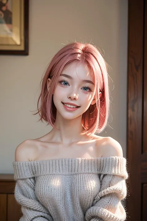 highest quality, masterpiece, Ultra-high resolution, (Realistic:1.4), (Close-up portrait) RAW Photos, 1 girl,23 years old,((Im showing my teeth and smiling)),((Big smile)),((look up)),((Random cute poses)),,((Passionate pink haired girl )),((wearing oversi...